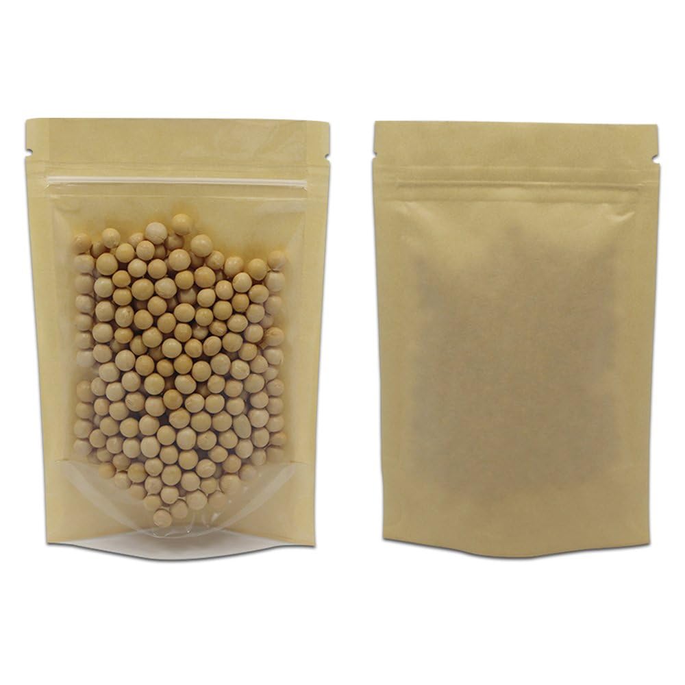 PABCK Clear Front Stand Up Kraft Paper Bags Resealable 4.7x7.9inch 50 Pcs