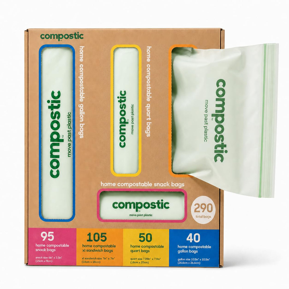 Compostic Compostable Sandwich, Snack, Gallon, Quart Bags Variety, 290 Ct