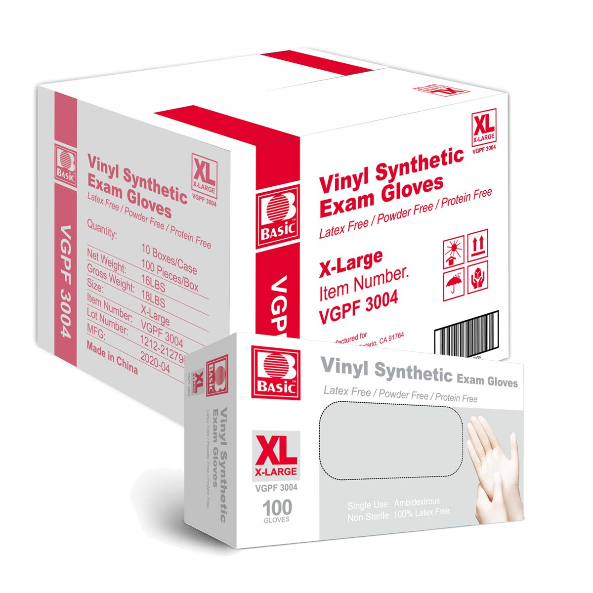 Basic Medical Clear Vinyl Exam Gloves, Latex-, Powder-Free, Case of 1,000, Large