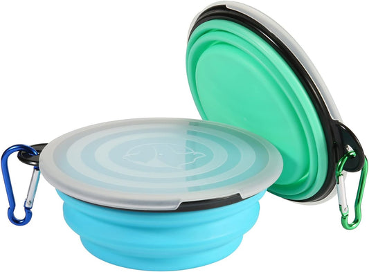 SLSON Dog Bowls Pet Collapsible Bowl with Cover Lids, 2 Pack Travel Bowls