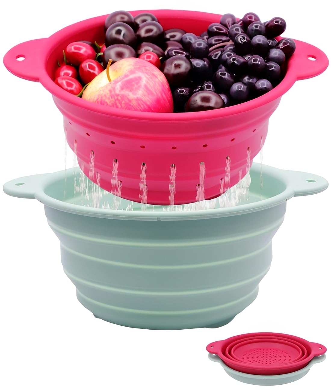 Collapsible Silicone Colander Bowl Set,BPA Free, Heat Resistant, Stainless Steel Nesting, Portable Washing Basket Strainer Drain Basin for Pasta, Vegetable and fruit, Kitchen, Camping, Hiking
