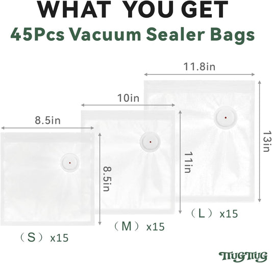 Reusable Vacuum Sealer Bags for Food 45Pcs (S/M/L), BPA-Free Sous Vide Bags for Microwave Heating, Cooking and Freezer Storage, Compatible with Most Handheld Sealers and Vacuum Sealer Machines