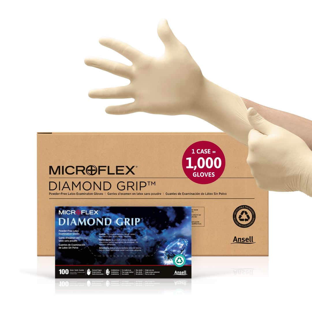 Ansell Microflex Diamond Grip MF-300 Disposable Latex Gloves for Automotive, Healthcare, Machinery Industries