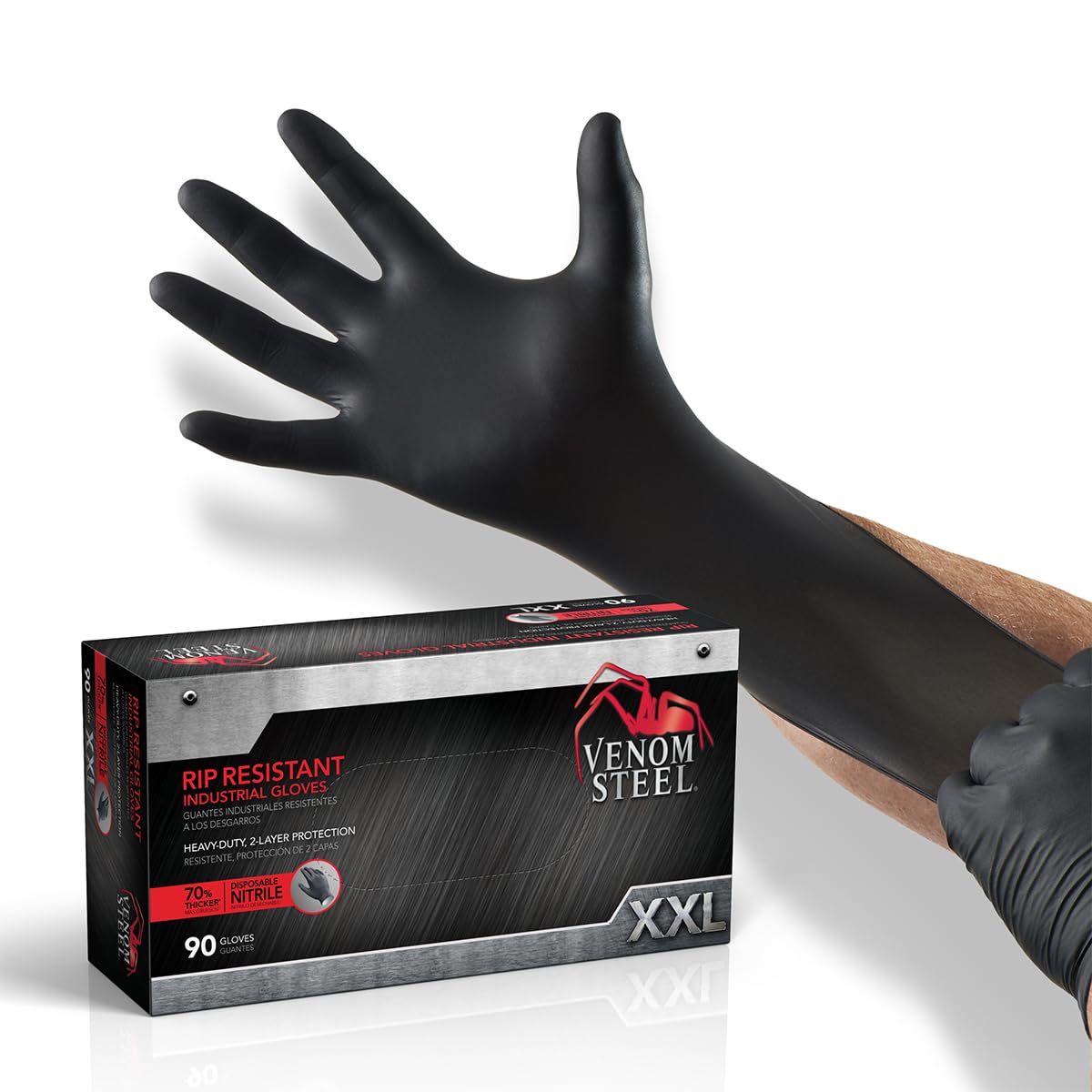 Venom Steel Industrial Nitrile Gloves, Chemical Resistant Disposable Black Gloves, Latex-Free, Powder-Free, Textured Grip, Heavy Duty Two-Layer Protection, 6 mil,Medium, 100 Count
