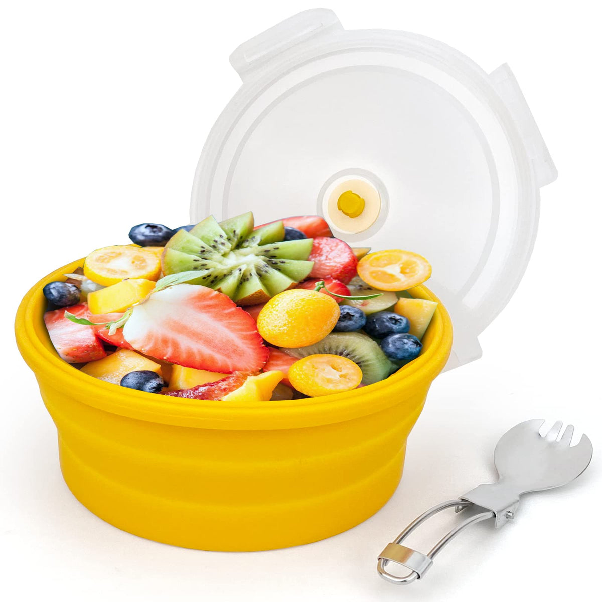 1200ml Large Collapsible Bowl With Lid, Camping Bowl with Foldable Spoon, Silicone Bento Box For Meal Prep & Food Storage, Microwave Safe, Orange