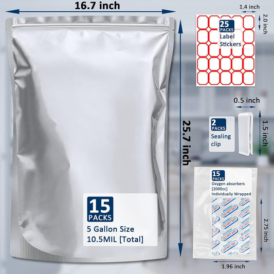 15 Pack 5 Gallon Mylar Bags with 15 x 2000cc Oxygen Absorbers