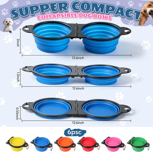 6 Pack Collapsible Dog Bowls Dual Travel Bowls, 180° Foldable Pet Water Food Feeder with Reinforced Rim & Lock Clips, Portable Dog Bowls for Walking Hiking Camping (6 Colors)