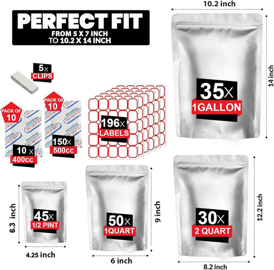 160 Mylar Bags with 160 Oxygen Absorbers-196 Labels & Stand-Up Reusable