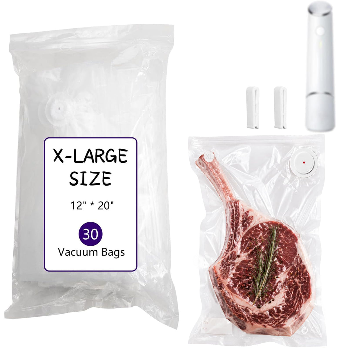 30-Pack XL Large Vacuum Sealer Bags & 2 Bonus Sealing Clips, Compatible with Chef Preserve – BPA-Free (12 x 20 in) Reusable Food Storage Bags for Freezer, Microwave, Sous Vide – Leak-Proof