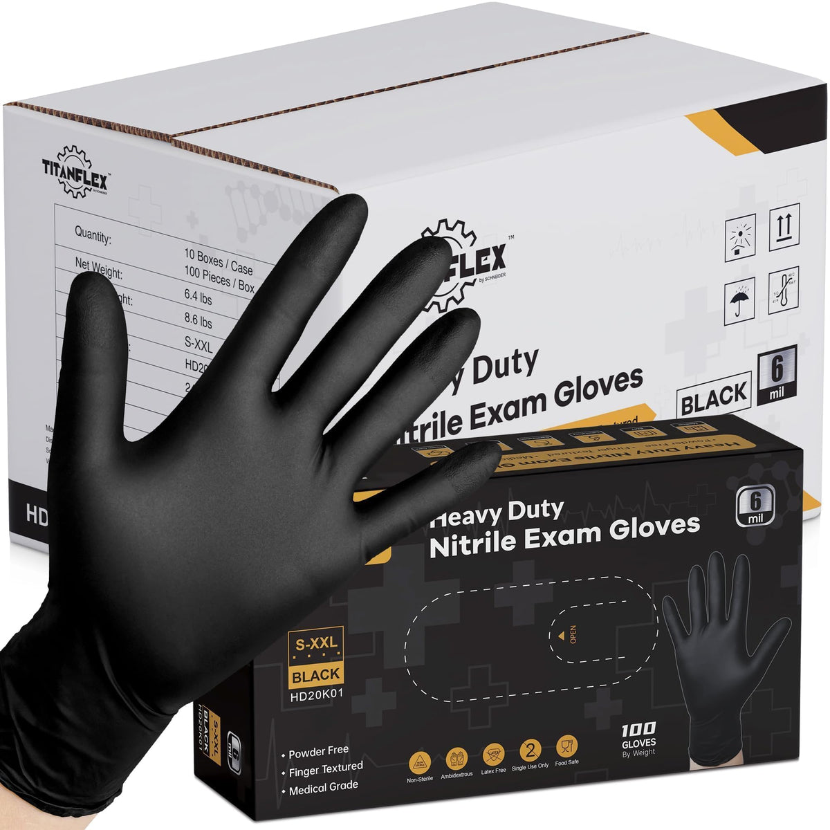 TitanFlex Disposable Nitrile Exam Gloves - 6-mil, Black, Heavy Duty, Latex Free, Food Safe for Cooking