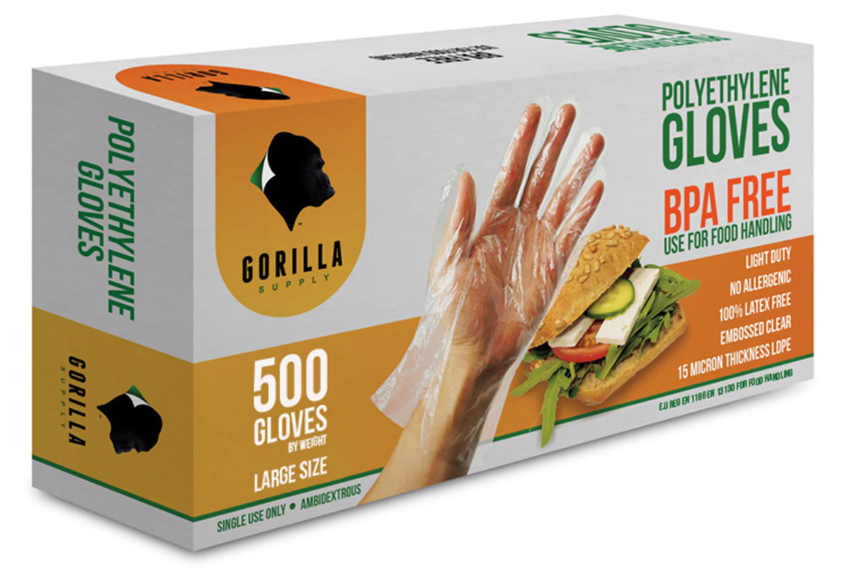 GORILLA SUPPLY 1000 BPA Free Premium Disposable Gloves Poly PE LDPE Plastic for Kitchen Food Handling Food Prep Latex & Powder Free (1000 Count, Large)