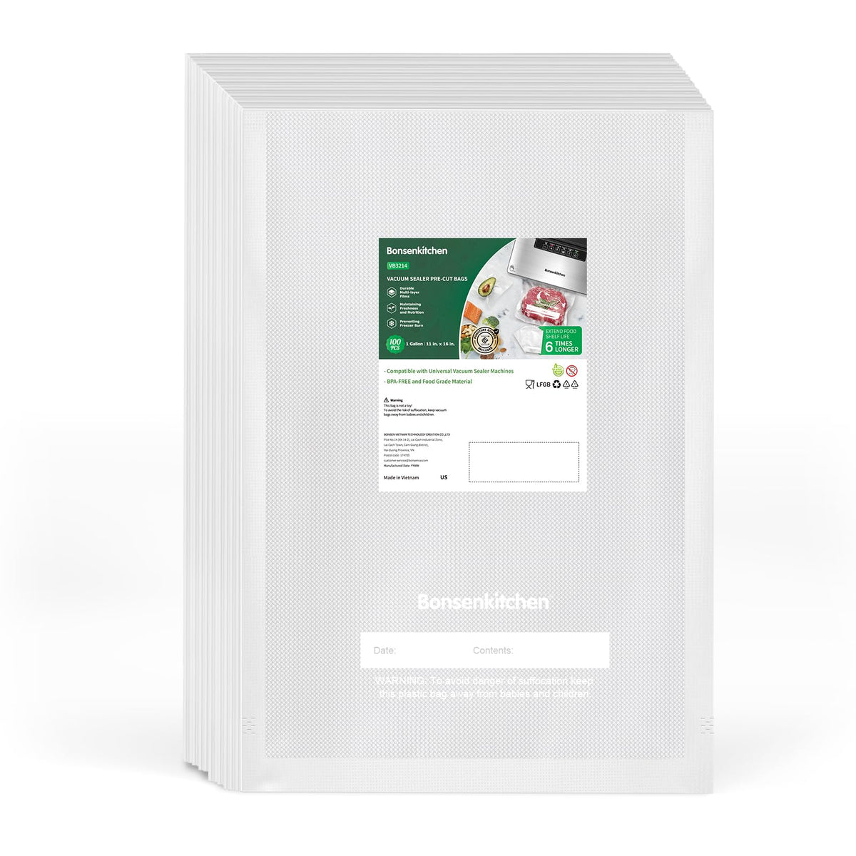 Bonsenkitchen Precut Vacuum Sealer Bags, 100 Gallon 11" x 16" Food Sealer