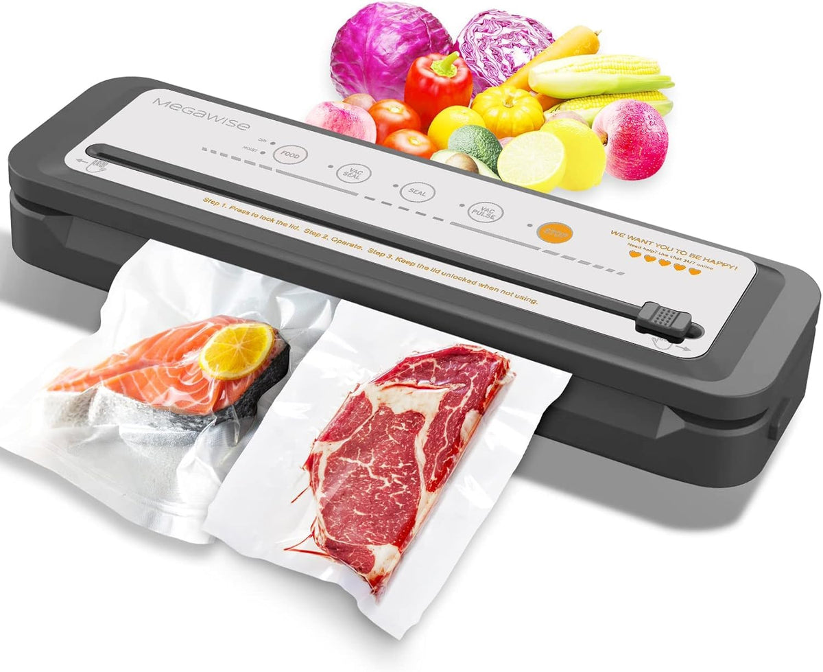 Updated Vacuum Sealer Machine 2025, MEGAWISE Food Sealer w/Starter Kit, Dry & Moist Food Modes, Compact Design with 10 Vacuum Bags & Built-in Cutter (Grey)