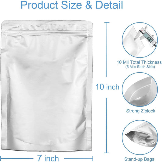100pcs 1 QUART Mylar Bags - 10 Mil Total Thickness - 7"x10" Stand-Up Zipper Pouches, Resealable Heat Sealable Mylar Bags for Long Term Food Storage