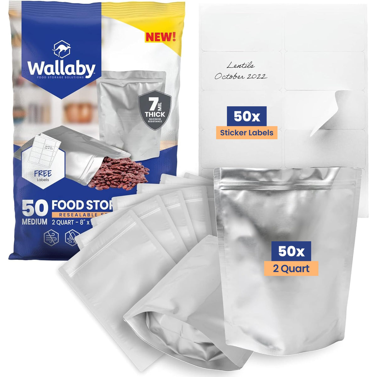 Wallaby 1-Pint Gusset 11 Mil Thick Mylar Bags, Zipper, Labels (50-Pack)
