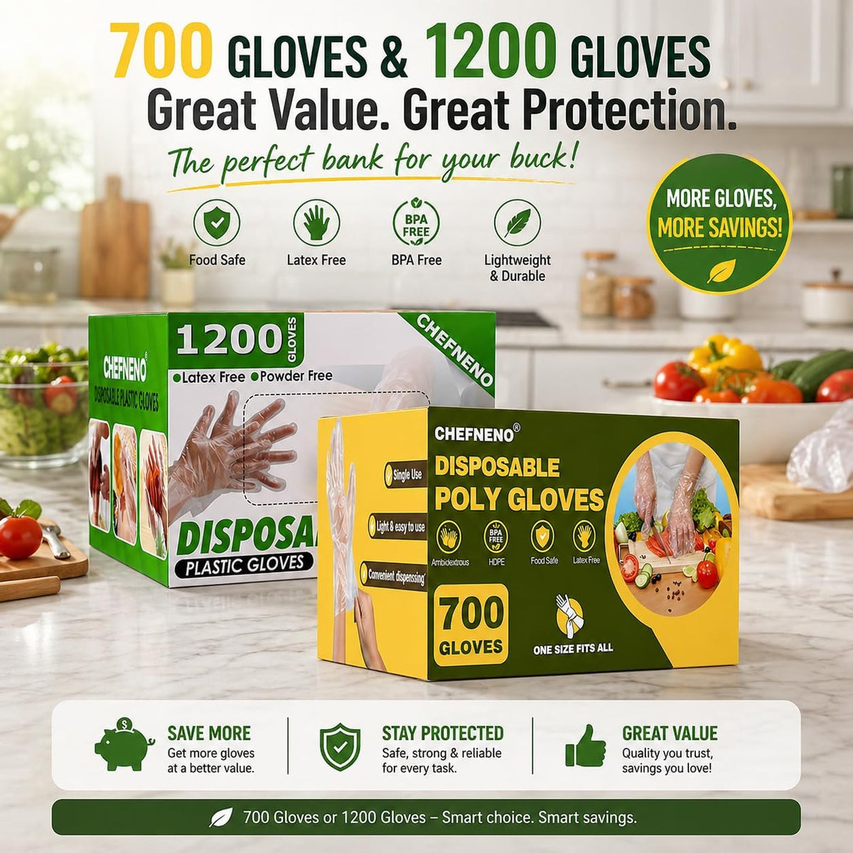 Disposable Food Prep Plastic Gloves (700 -1200 ct.) Cooking Cleaning Food Handling Latex & Powder Free One Size Fits Most