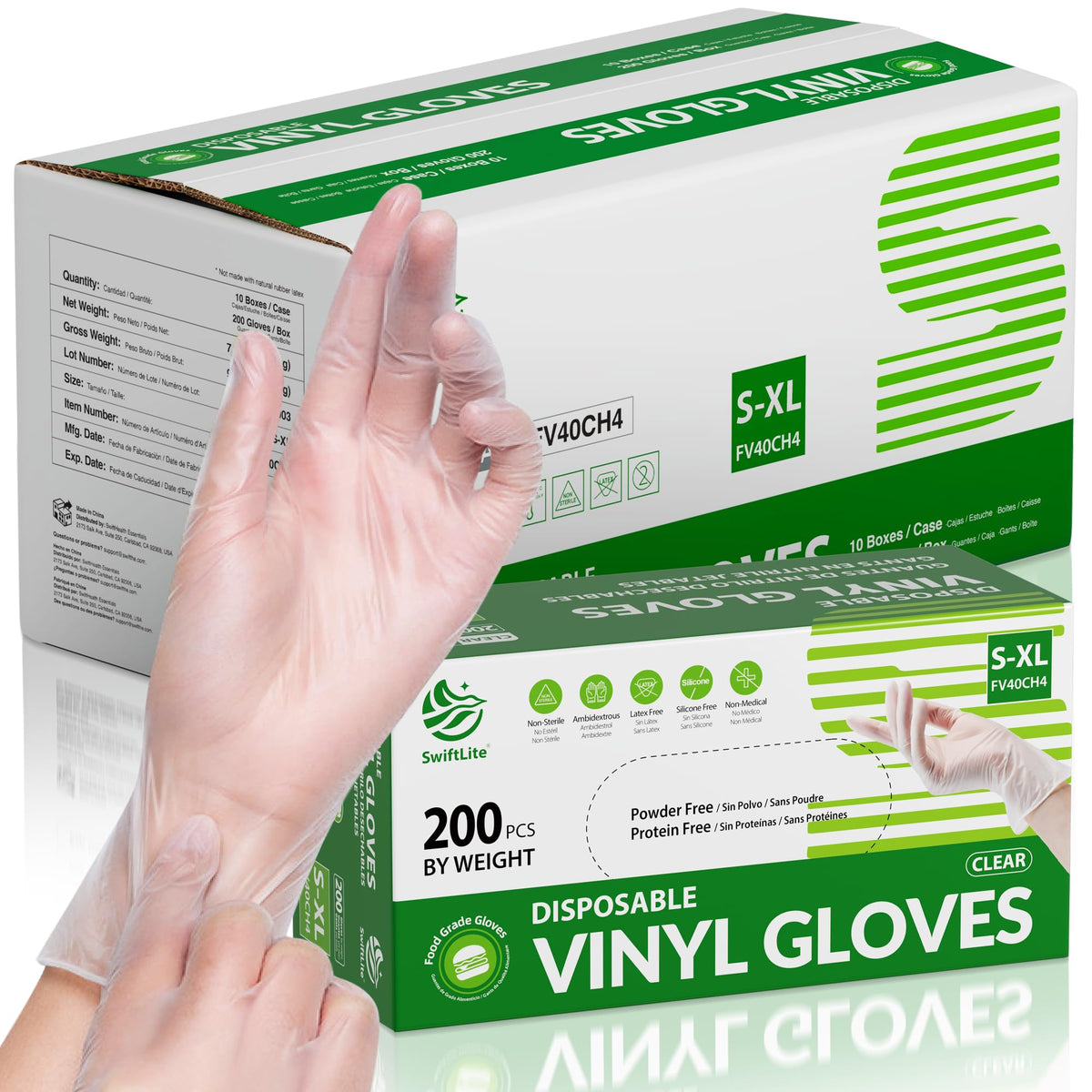 SWIFTLITE Disposable Vinyl Gloves, Food Safe