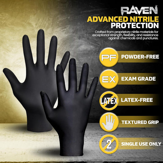 Raven Powder Free Nitrile Disposable Gloves | 7 Mil | Latex Free, Chemical + Puncture Resistant, Single Use |