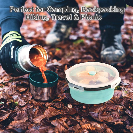 ColorCoral Collapsible Camping Bowl with Lid & Fork Silicone 42oz,2-Pack