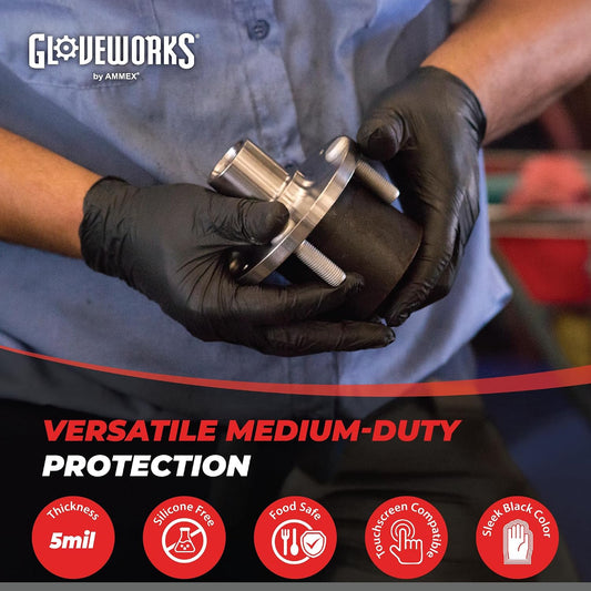 GLOVEWORKS Black Nitrile Gloves 5 Mil Disposable for Food Service, Cooking, Professional Cleaning, Size XL, Box of 100