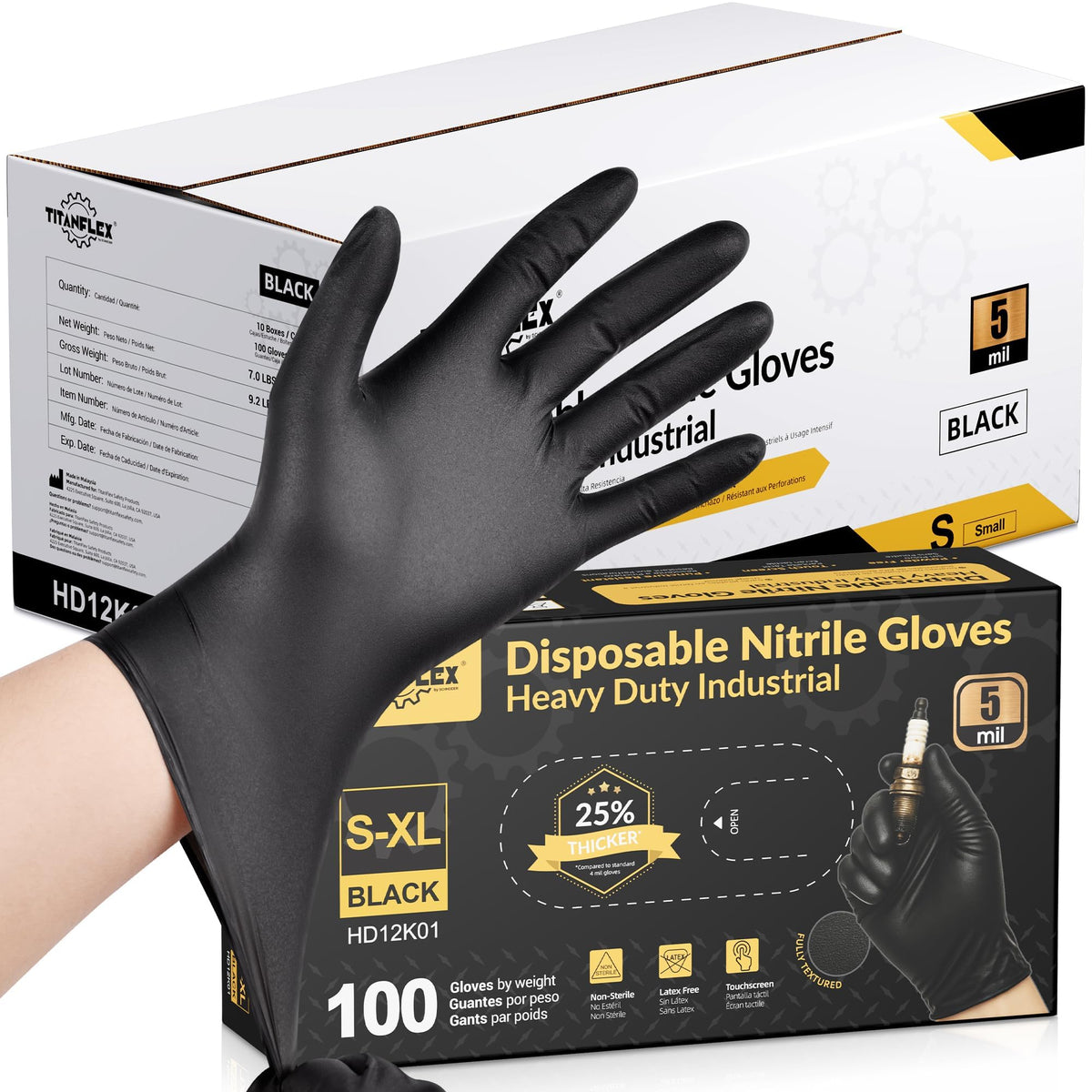 TitanFlex Heavy Duty Black Nitrile Gloves, 5 Mil, Fully Textured, Mechanic Disposable Gloves, Latex Free & Powder Free 100 ct (L)