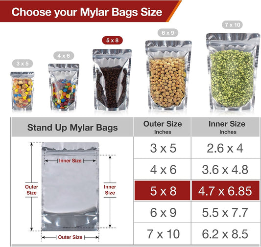 5x8 Mylar Bags for Food Storage - Pack Of 100-7.5mil Thickness