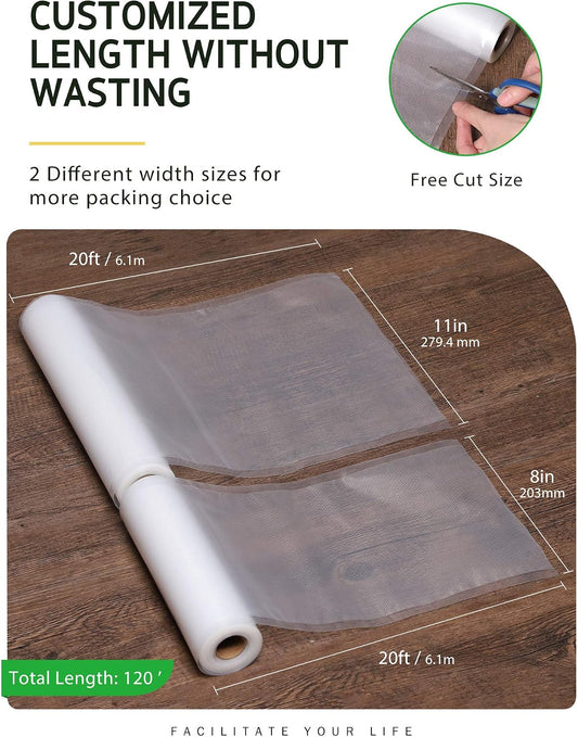 Syntus Vacuum Sealer Bags for Food, 3 Rolls 11" x 20' and 3 Rolls 8" x 20'