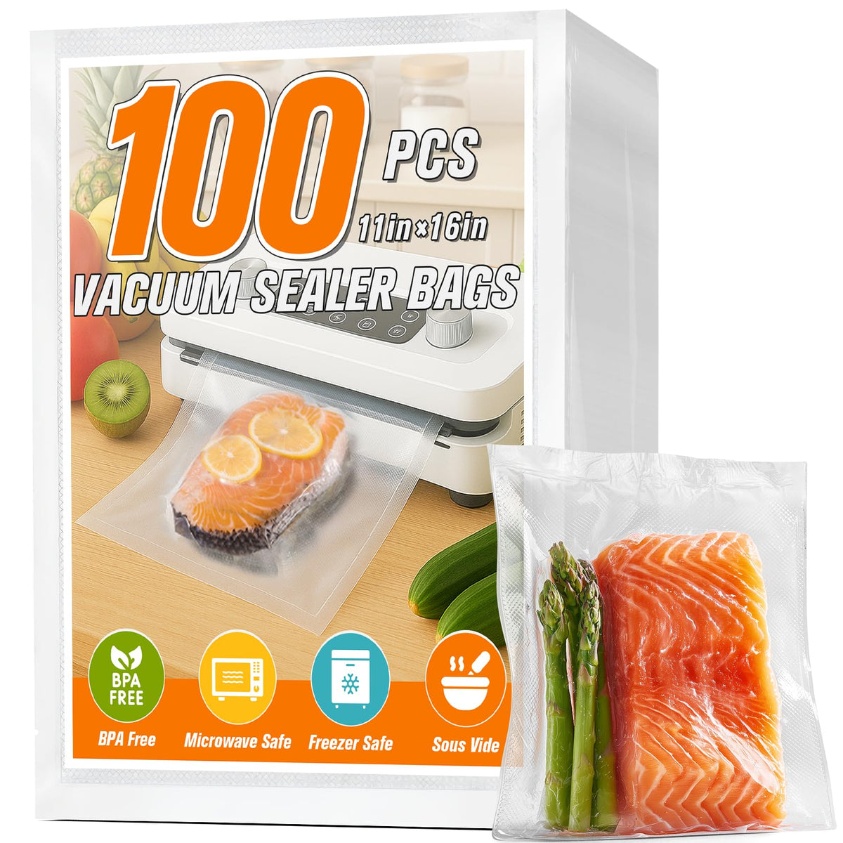 FUNFERY 100 PCS Precut Vacuum Sealer Bags for Food 11"x16"/8"x12"/6"x10"