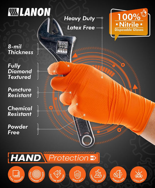 LANON 8mil Orange Disposable Nitrile Gloves,Mechanic,Heavy Duty,Large