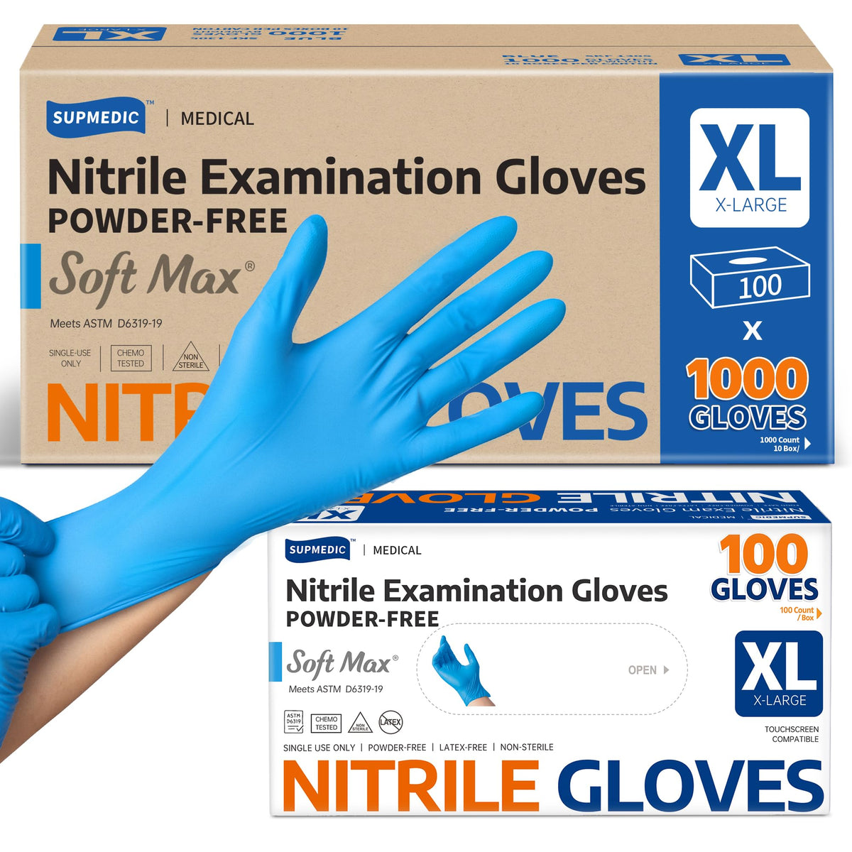 Supmedic Medical Soft Max Nitrile Exam Disposable Gloves Powder-Free 1000Ct
