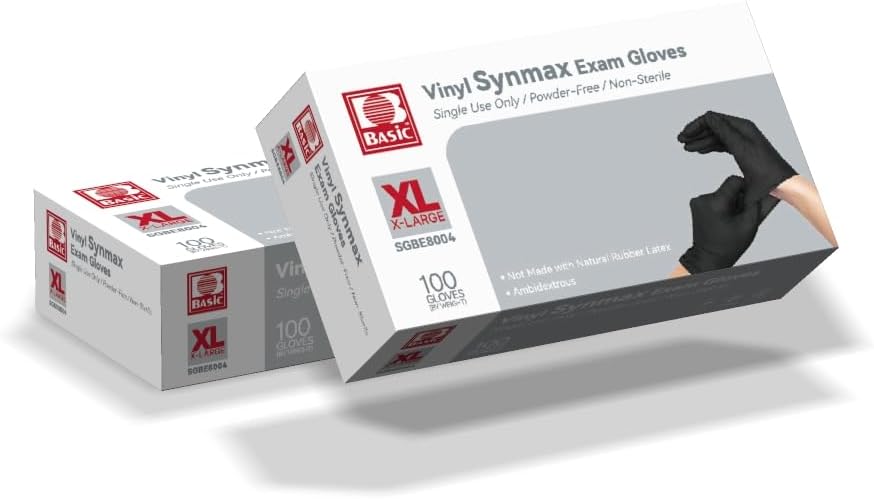 Basic Vinyl Exam Gloves, Synmax Medical Disposable Non-Sterile Latex-Free Powder-Free Glove Box of 100 (Black, S/M/L/XL)