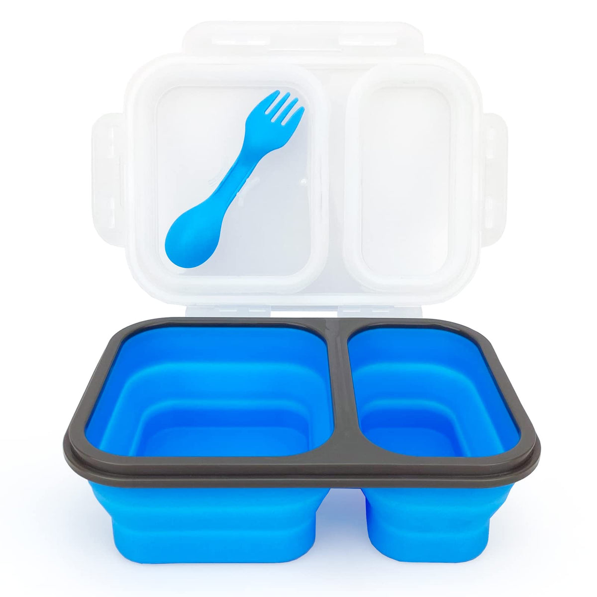 Collapsible Lunch Box Containers, Silicone Bento Box with Airtight Lid and 2 in1 Spoon & Fork, 1000ml Large Portion Reusable Silicone Food Storage Container, Microwave Dishwasher Safe