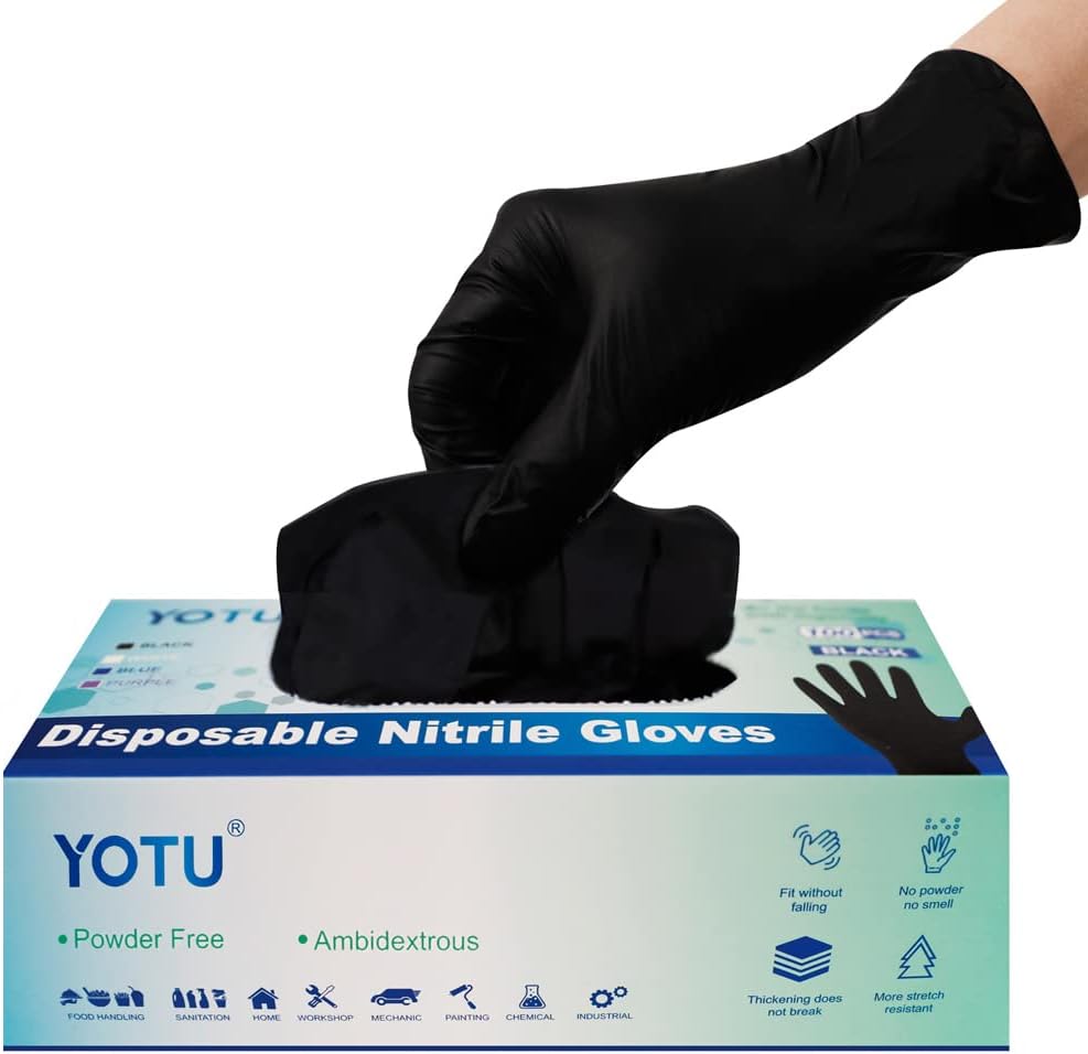 YOTU Black Disposable Nitrile Latex & Powder Free 6-Mil Gloves 100 Count, Textured, Mechanic Wearing, Cleaning, Food Black Large