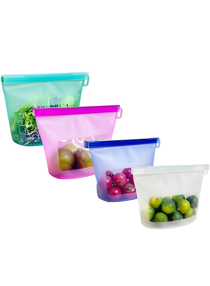 Reusable Silicone Food Storage Bags (Set of 4), Dishwasher Oven Microwave Freezer Safe, Eco-Friendly 100% Platinum, Leakproof Sous Vide Bags, Premium Lunch Containers, 2 Snack 2 Sandwich, Mixed
