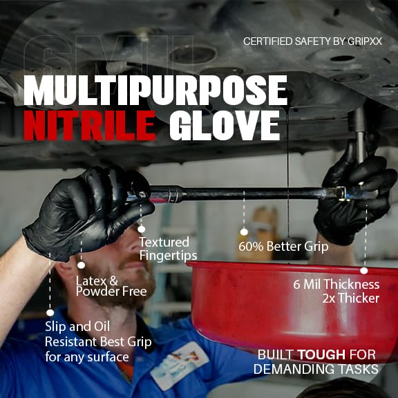 London Labs Heavy Duty 6 Mil Black Nitrile Gloves - Disposable, Latex & Powder Free | Mechanic, Food Prep & Tattoo | Rubber Gloves for Cooking, Cleaning & Household | Pack of (100)