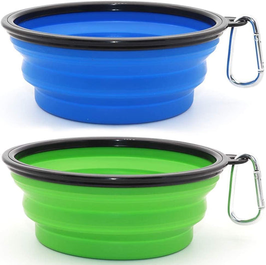 Large Dog Bowl Pet Collapsible Bowls, 2 Pack Collapsible Dog Water Bowls for Cats Dogs, Portable Pet Feeding Watering Dish for Walking Parking Traveling with 2 Carabiners (Large, Blue+Green)