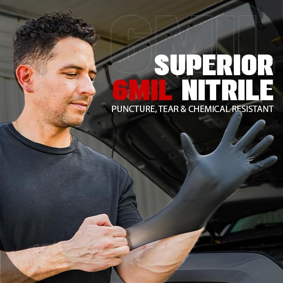 London Labs Heavy Duty 6 Mil Black Nitrile Gloves - Disposable, Latex & Powder Free | Mechanic, Food Prep & Tattoo | Rubber Gloves for Cooking, Cleaning & Household | Pack of (100)