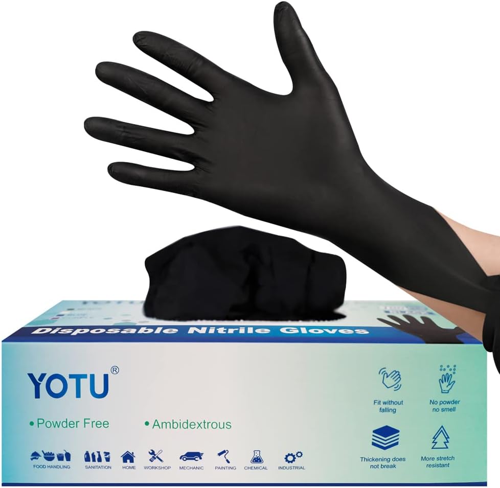 YOTU Black Disposable Nitrile Latex & Powder Free 6-Mil Gloves 100 Count, Textured, Mechanic Wearing, Cleaning, Food Black Large