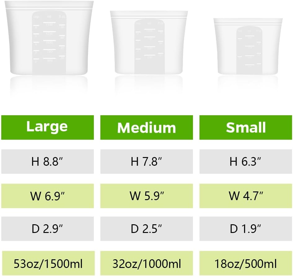 Winrock Reusable 100% Silicone Food Storage Bags, Sandwich Snack Bags New Generation Stand Up Zip Container for Soup and Leftovers, Plastice & BPA Free, Microwave Oven Safe 3 Pack (51oz, 34oz, 17oz)