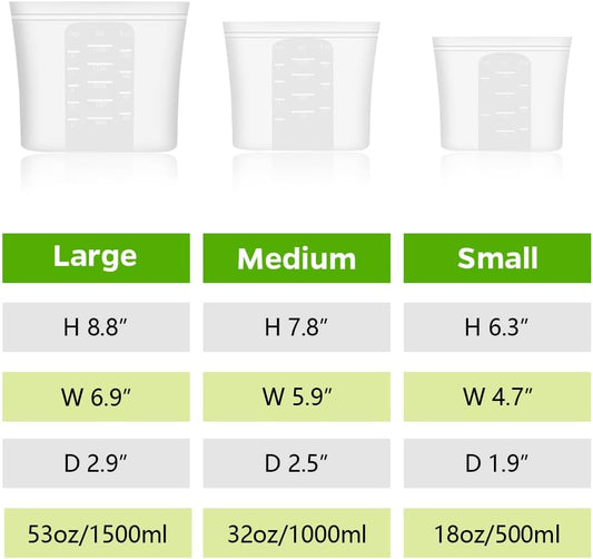 Winrock Reusable 100% Silicone Food Storage Bags, Sandwich Snack Bags New Generation Stand Up Zip Container for Soup and Leftovers, Plastice & BPA Free, Microwave Oven Safe 3 Pack (51oz, 34oz, 17oz)