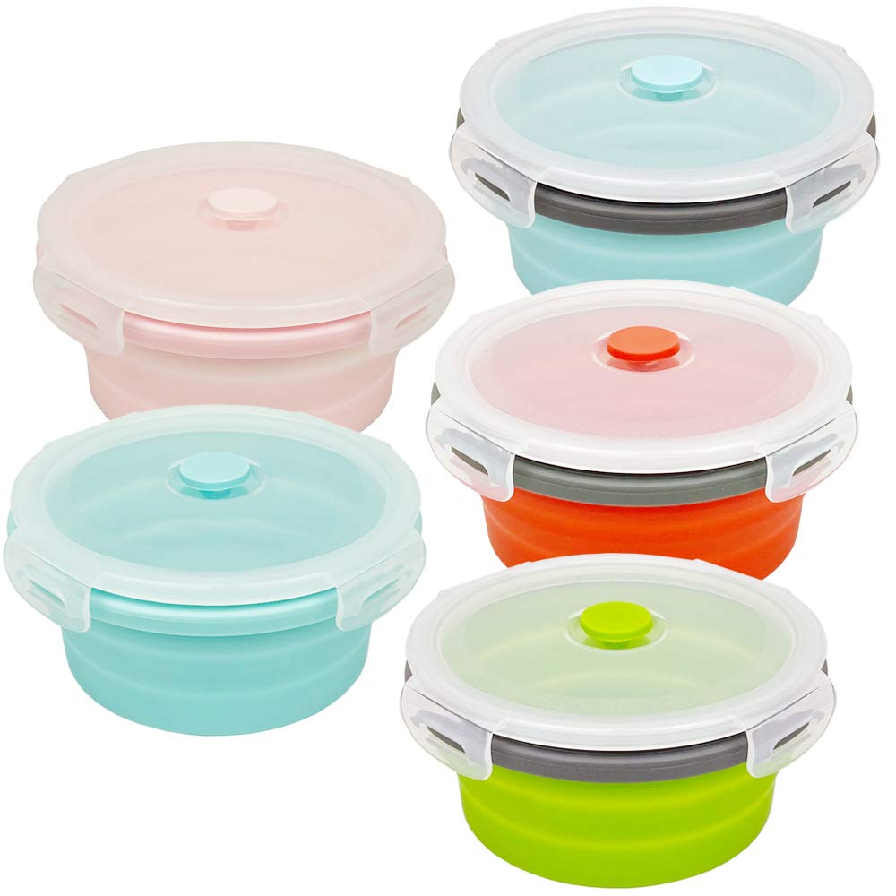 CARTINTS Silicone Collapsible Food Storage Containers-Prep/Storage Bowls with Lids – Set of 4 Round Silicone Lunch Containers – Microwave and Freezer Food Containers (Blue)