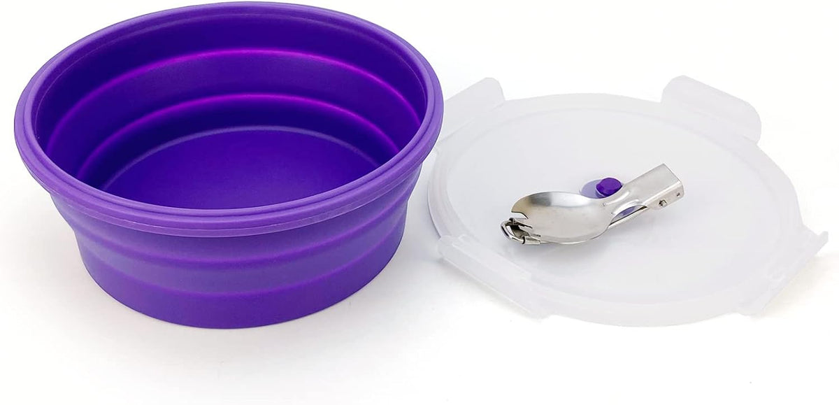 1200ml Large Camping Bowl with Foldable Spoon, Collapsible Bowl With Lid, Silicone Bento Box, For Travel Camping Meal Prep & Food Storage, Microwave Dishwasher Safe, Purple