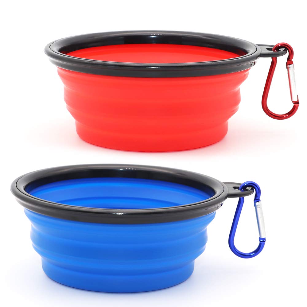 Large Dog Bowl Pet Collapsible Bowls, 2 Pack Collapsible Dog Water Bowls for Cats Dogs, Portable Pet Feeding Watering Dish for Walking Parking Traveling with 2 Carabiners (Large, Blue+Green)