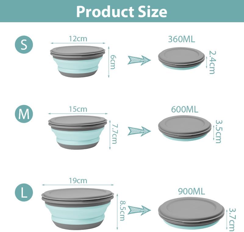 flintronic 3Pcs Collapsible Camping Bowl Sets, Portable Silicone Bowl with Lid, Folding Bowl, Portable Salad Bowl, Folding Lunch Box for Camping, Kitchen, Hiking