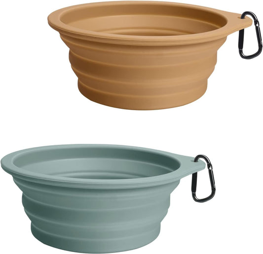 PetBonus 2-Pack Large Silicone Collapsible Dog Bowls, 34oz/1000ml BPA Free Portable Foldable Travel Bowl for Pet Cat, Food Water Feeding Dish for Camping with 2 Carabiners (Turquoise, Tan)