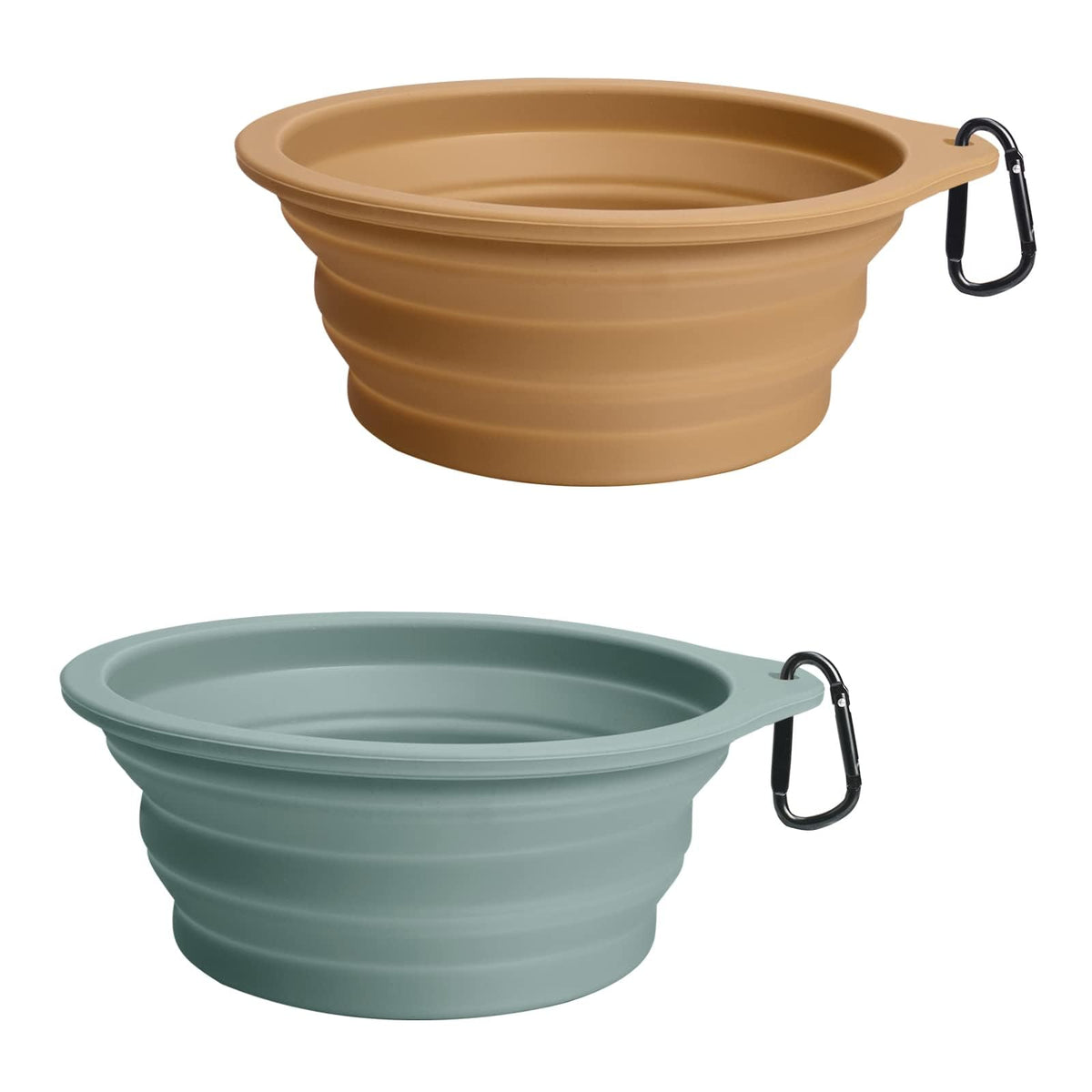 PetBonus 2-Pack Silicone Collapsible Dog Bowls, BPA Free Dishwasher Safe, Portable Foldable Expandable Travel Bowl, Food Water Feeding Cup Dish for Dogs Cats with 2 Carabiners (Light Blue & Green)
