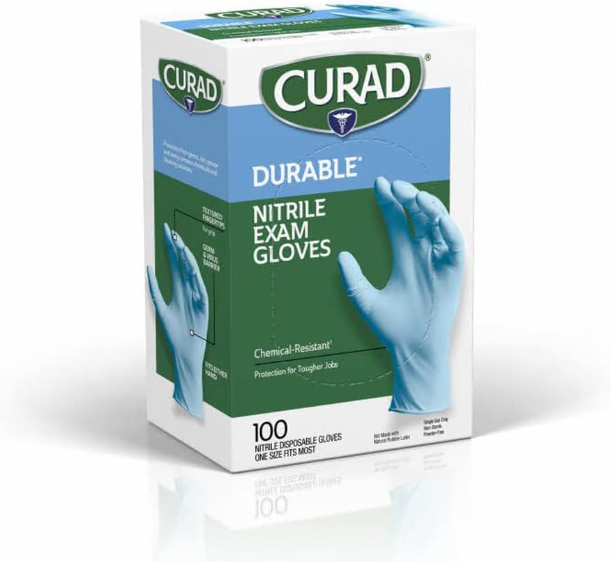 Curad Nitrile Exam Gloves, Durable, Powder Free, Chemical Resistant, One Size Fits Most, 100 Count