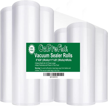 O2frepak 6RL Vacuum Sealer Bags Rolls 8"x20'(3)+11"x20'(3) for Food Storage