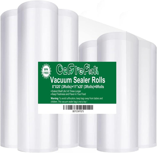 O2frepak 6RL Vacuum Sealer Bags Rolls 8"x20'(3)+11"x20'(3) for Food Storage