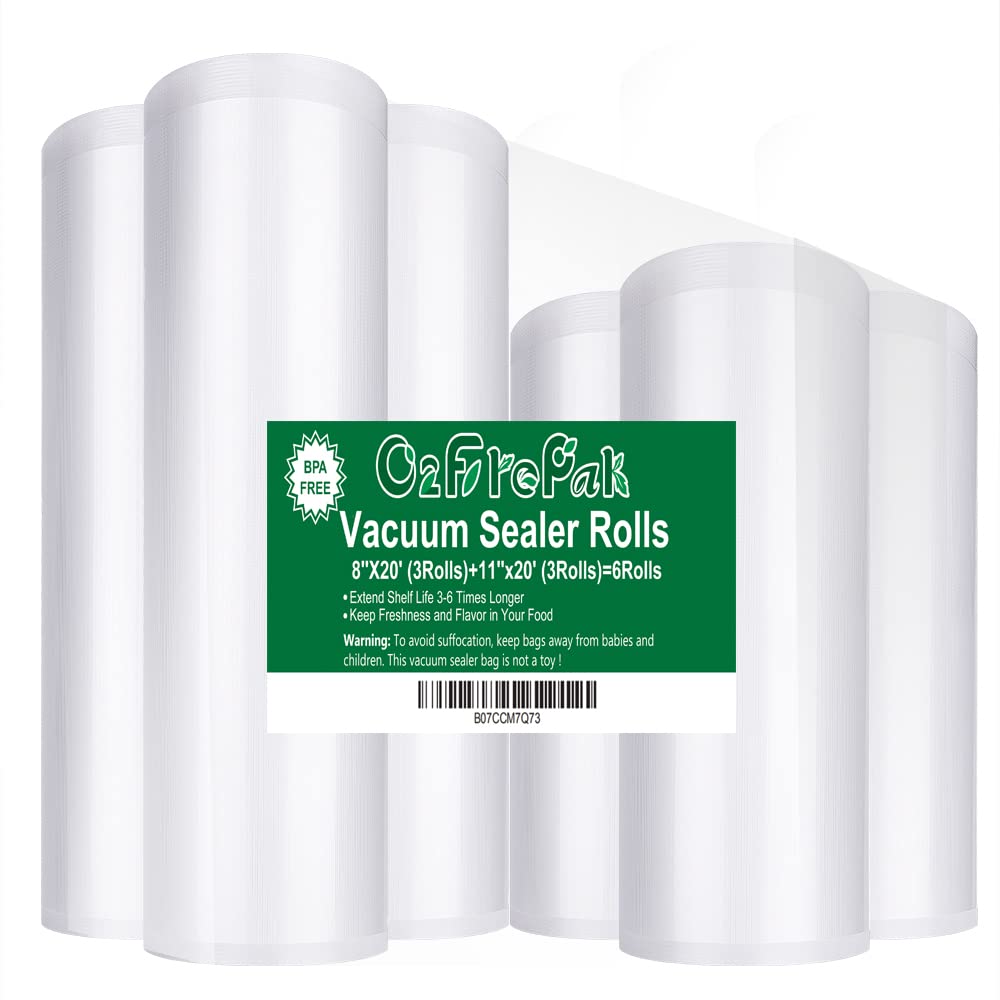 O2frepak 6RL Vacuum Sealer Bags Rolls 8"x20'(3)+11"x20'(3) for Food Storage